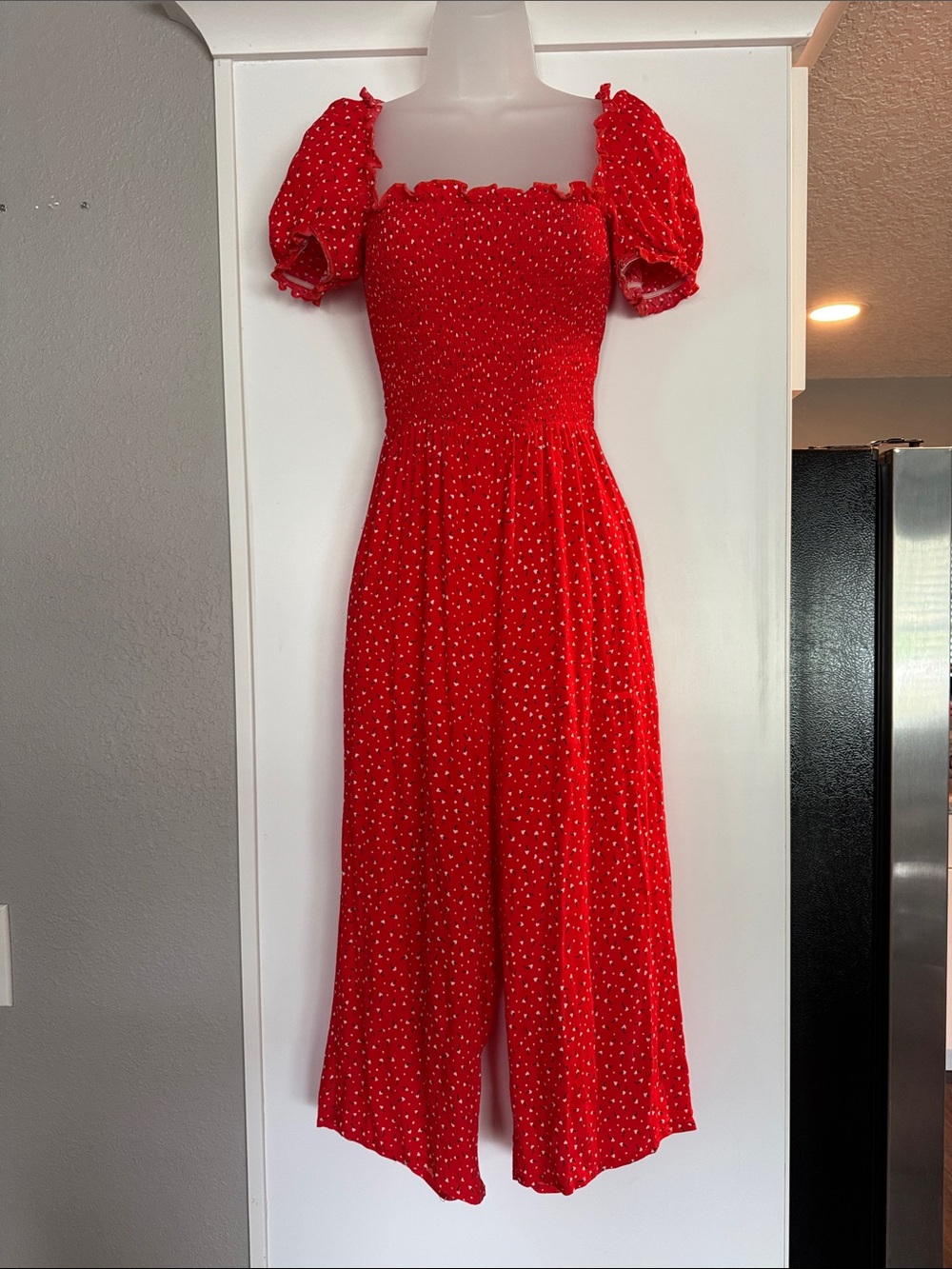 Olivaceous Red Smocked Jumpsuit with Puff Sleeves